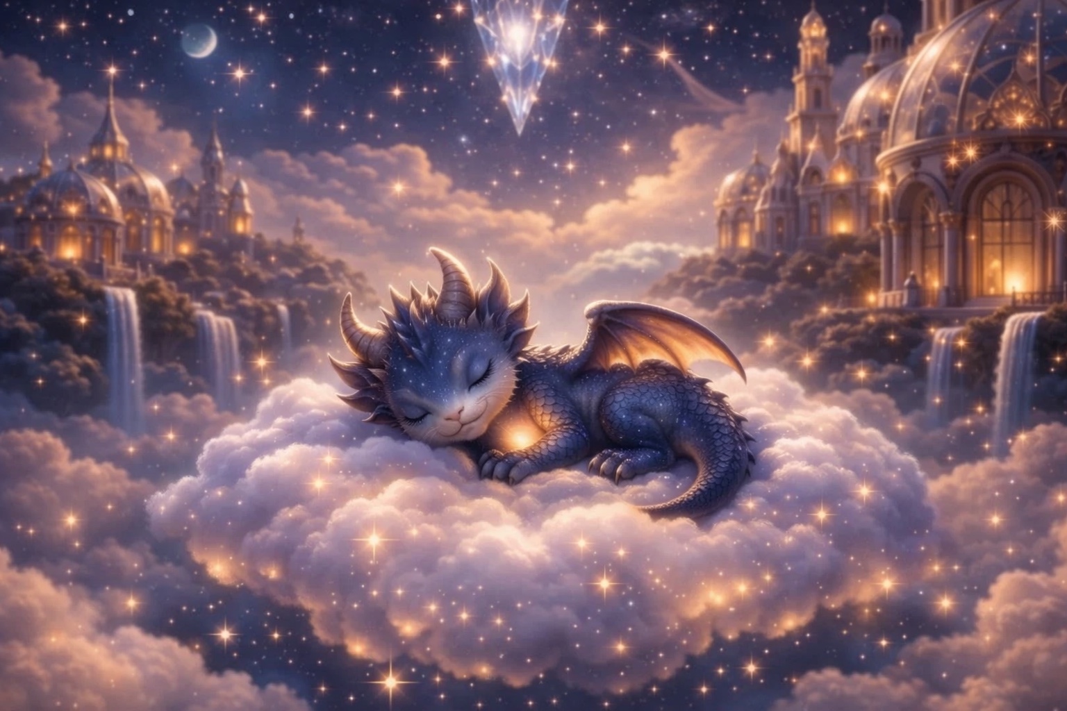 A baby dragon sleeping peacefully on a glowing cloud